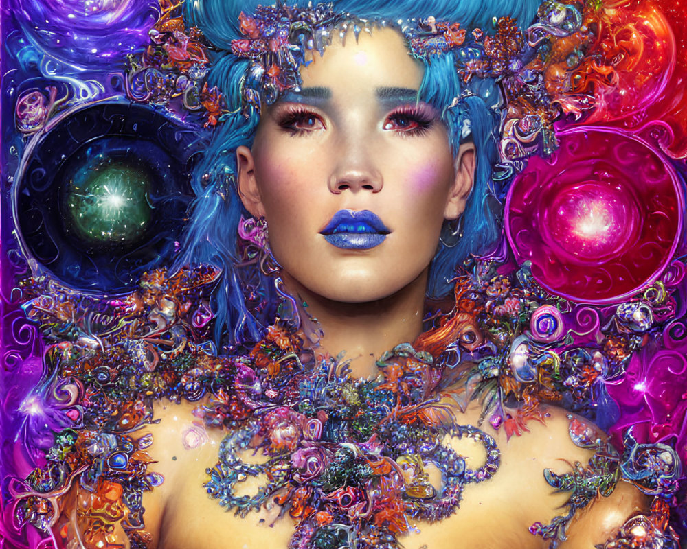 Colorful Woman with Blue Hair and Cosmic Makeup on Rainbow Background