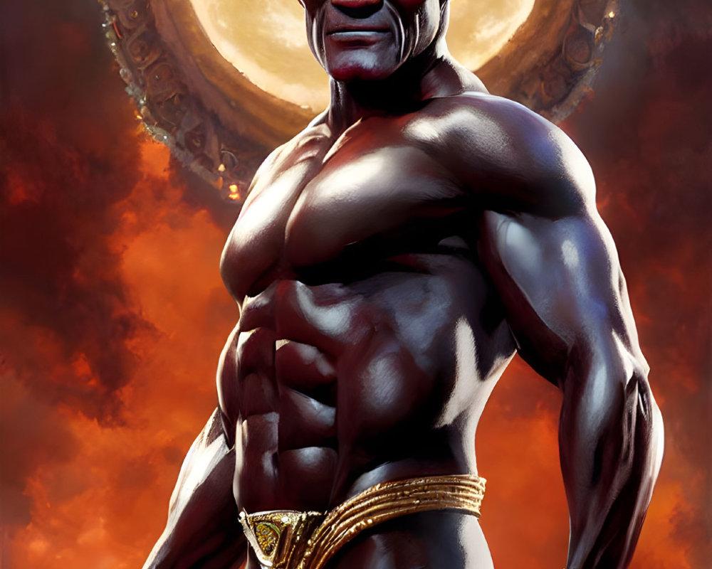 Red-skinned muscular humanoid in powerful pose under moonlight
