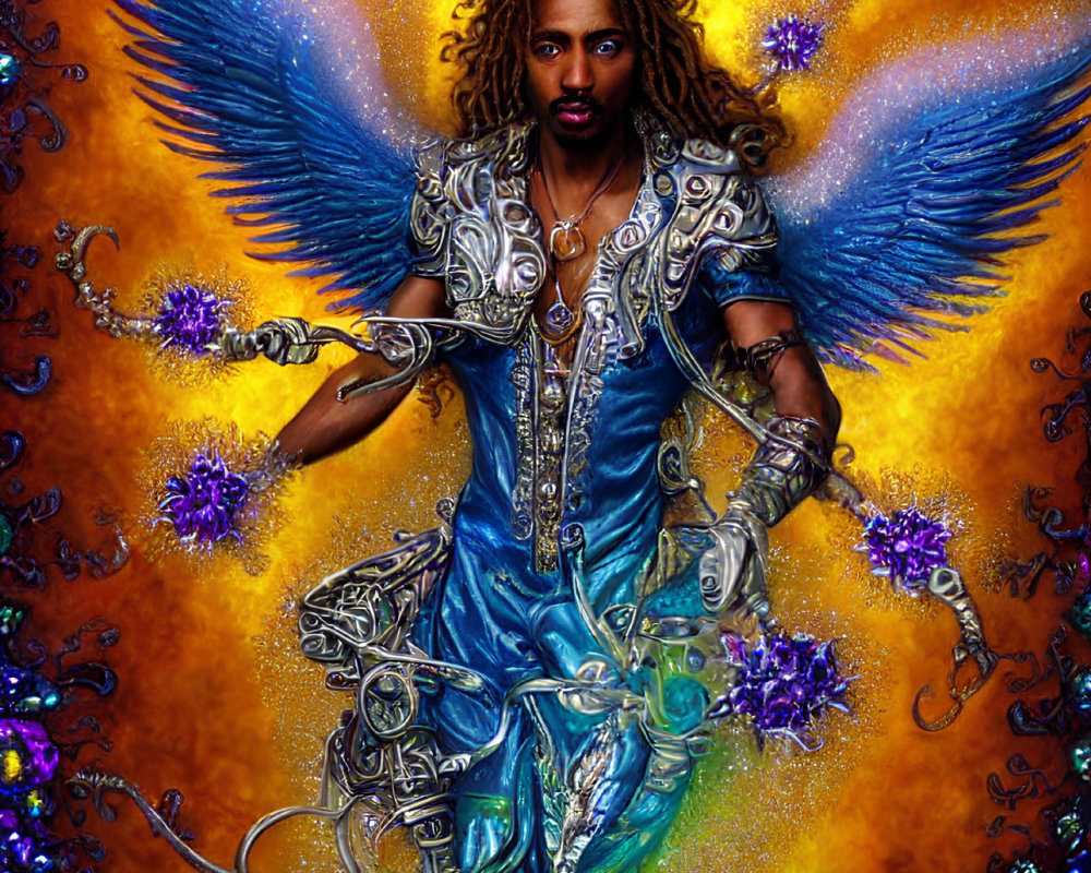 Fantasy illustration of a person with angelic wings and ornate armor in blue, gold, and