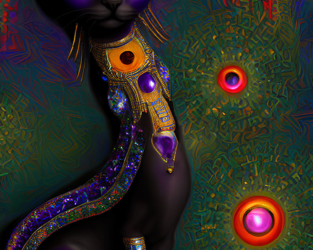 Black cat with golden jewelry on vibrant background.