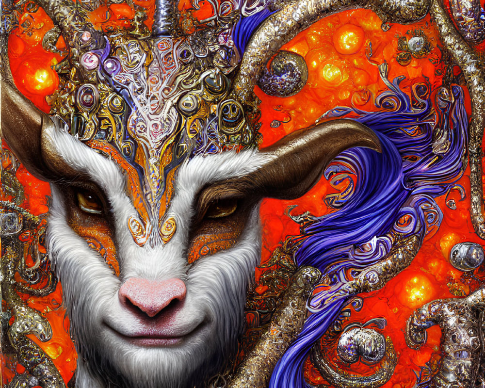 Colorful digital artwork: stylized goat with orange and blue patterns, metallic and jeweled textures.