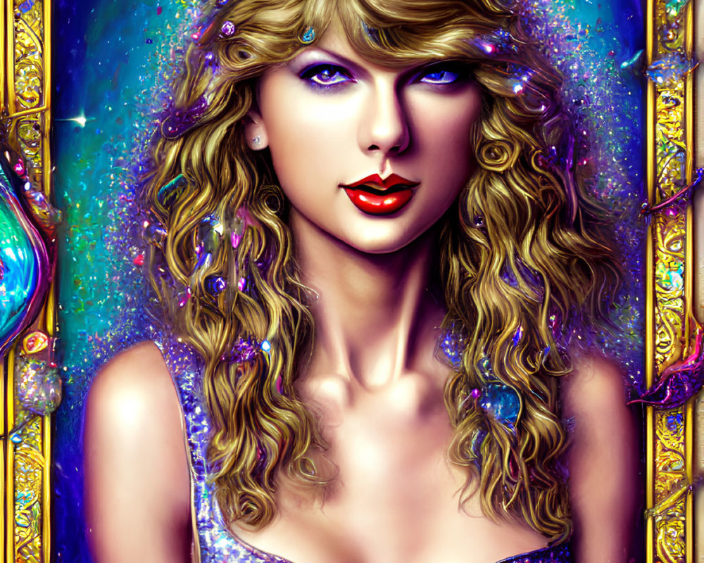Digital painting of woman with curly blond hair and red lipstick in sparkling purple dress, framed by ornate