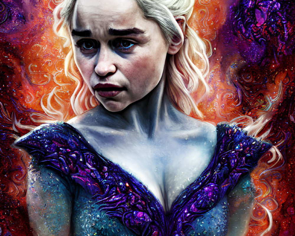 Digital artwork of pale-skinned woman with white-blond hair in cosmic background.