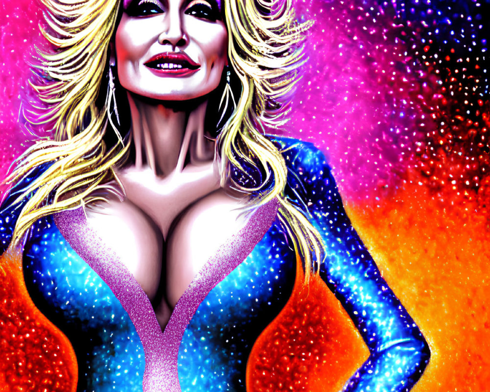 Colorful portrait of woman with voluminous blond hair in blue and orange outfit against cosmic background