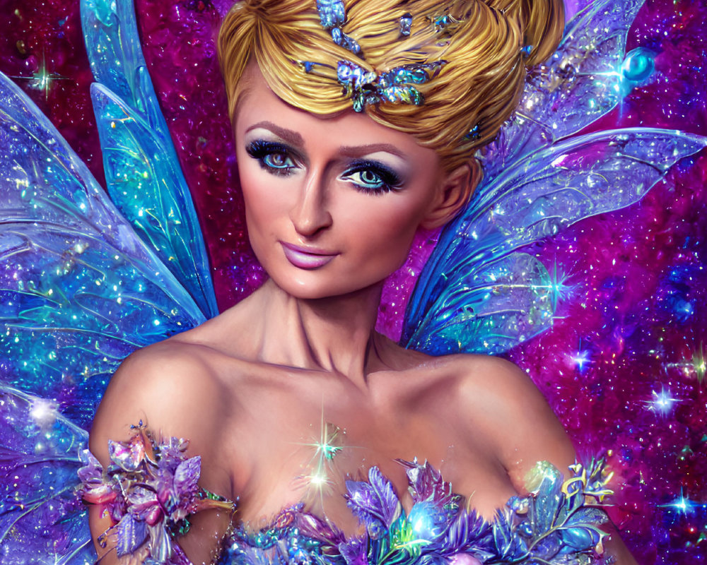 Fairy with Blue Wings and Floral Accents on Cosmic Background