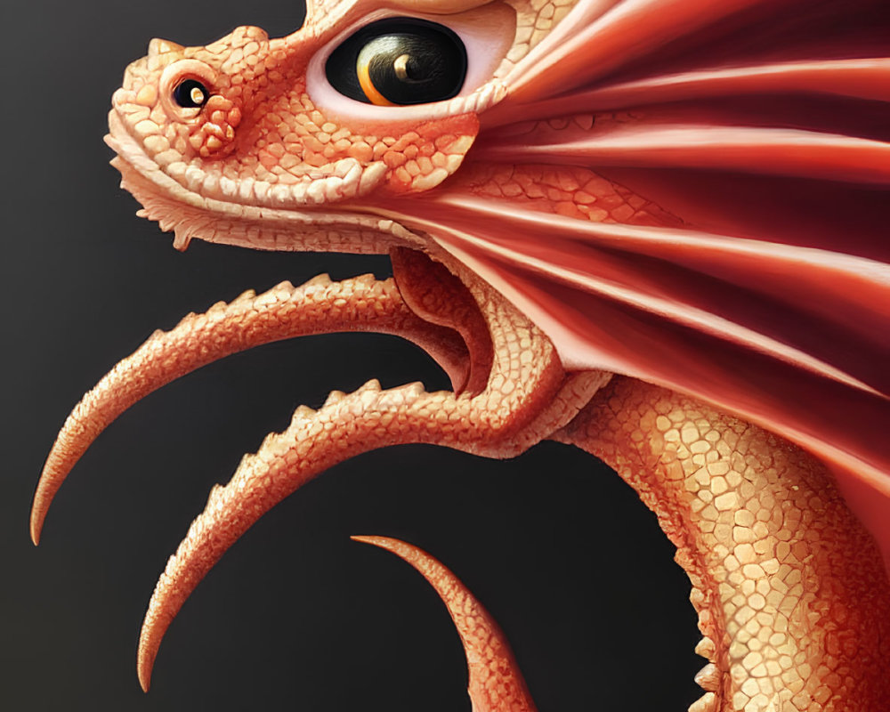 Detailed red-orange dragon with large yellow eyes and sharp claws