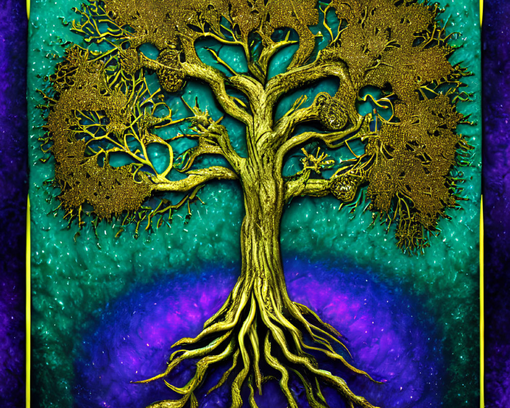 Golden tree illustration on cosmic blue and purple background with glowing frame