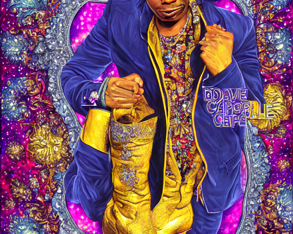 Colorful portrait of a man in blue jacket and gold boots on vibrant background