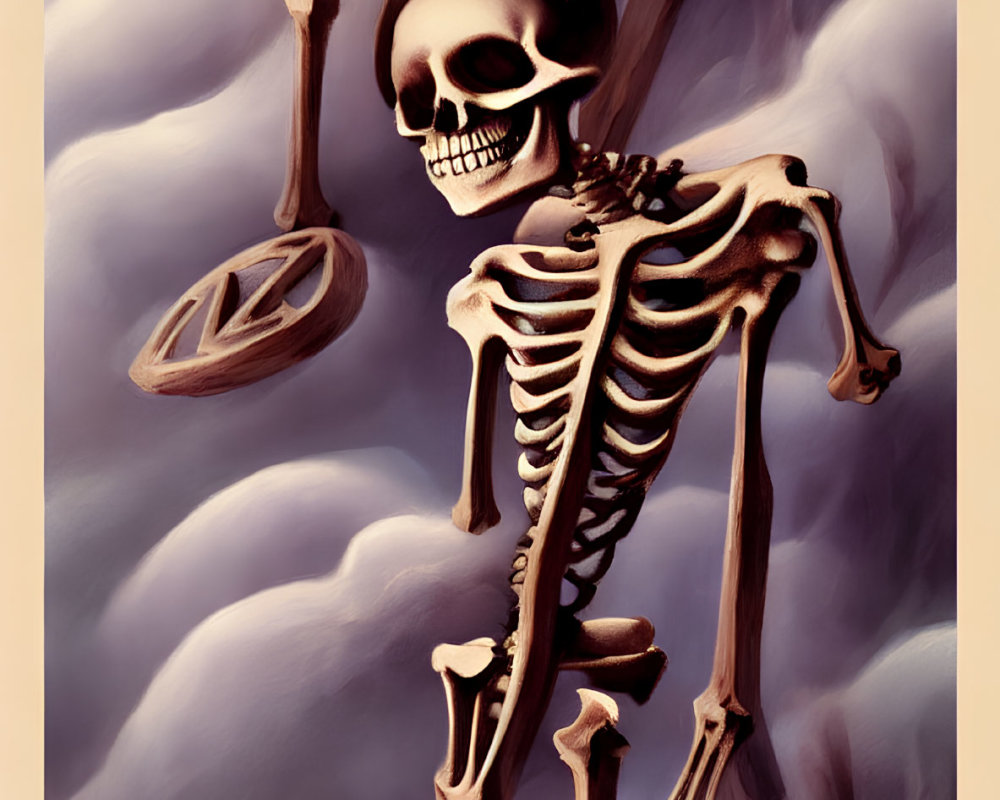 Stylized skeleton with sword and shield on clouds in dramatic lighting