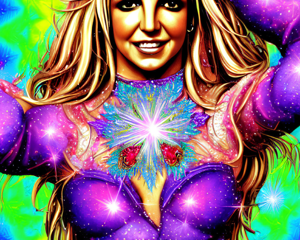 Colorful digital portrait of a smiling woman with long blonde hair and psychedelic elements