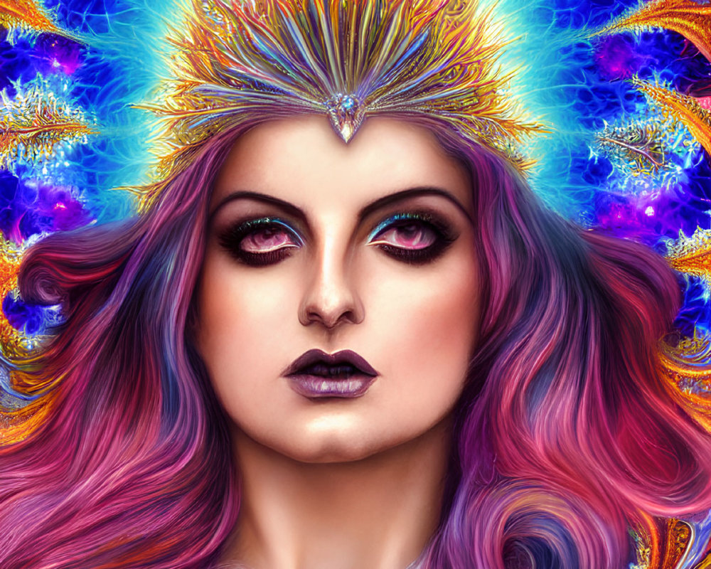 Colorful fantasy illustration of a woman with ornate crown and purple hair