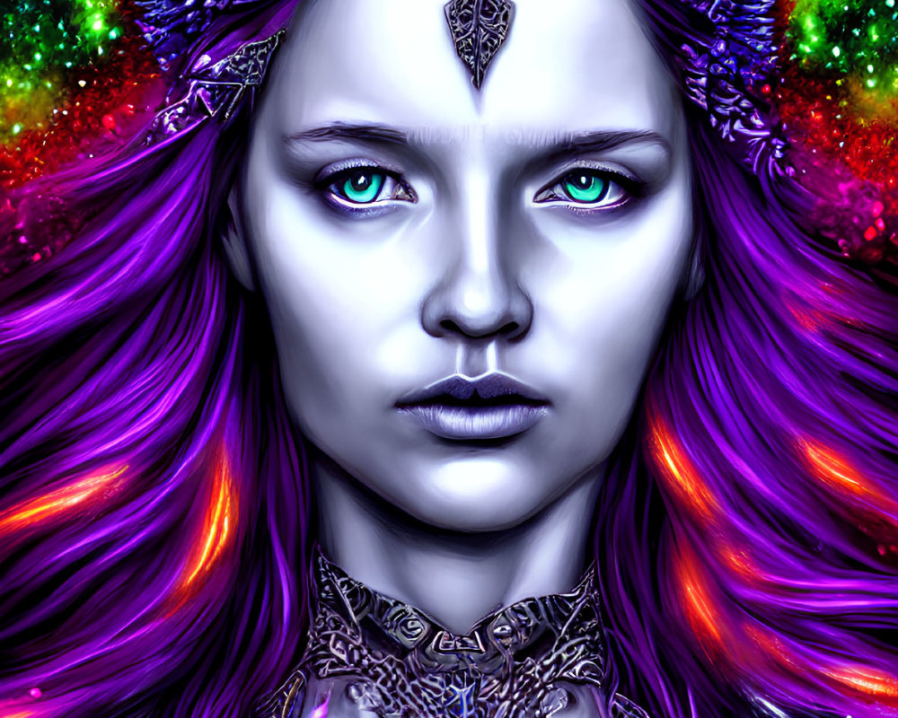 Colorful digital portrait of a woman with blue eyes and ornate crown with orange slices, set in