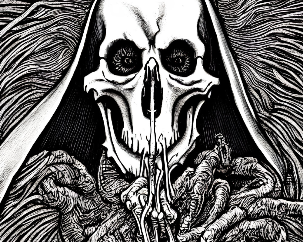Monochrome skull illustration with hood and shushing gesture, surrounded by writhing figures