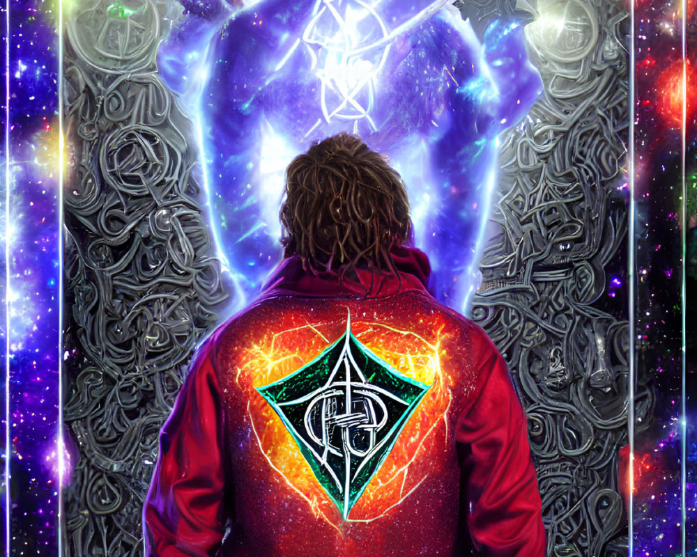 Red Jacket with Green Symbol Gazing at Cosmic Figure Holding Sword