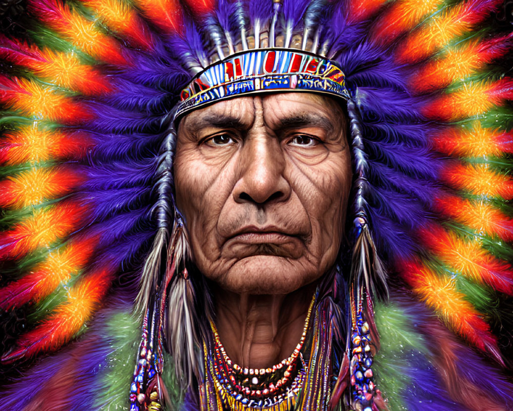 Person in Native American headdress with intricate beading and feathers on colorful background