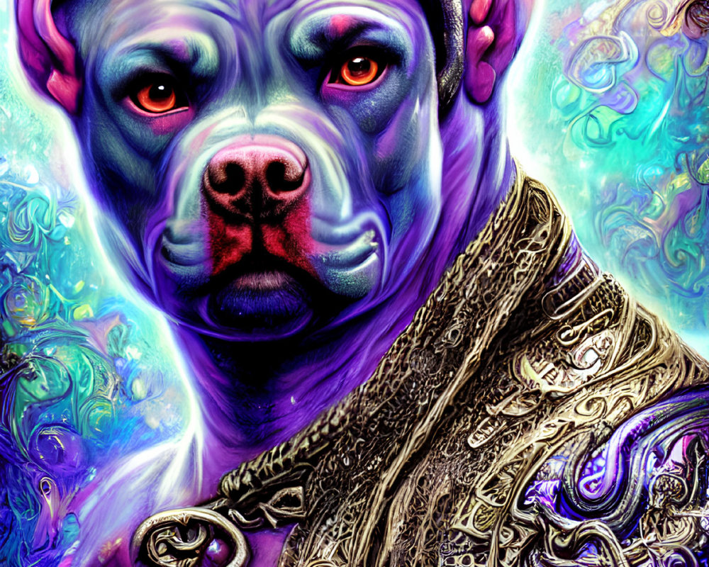 Colorful fantasy artwork of a dog in ornate armor with human-like eyes