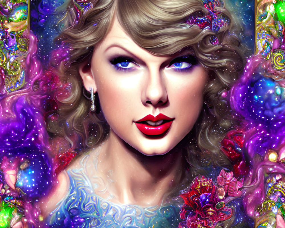 Colorful digital portrait of a woman with wavy hair and red lipstick in cosmic setting