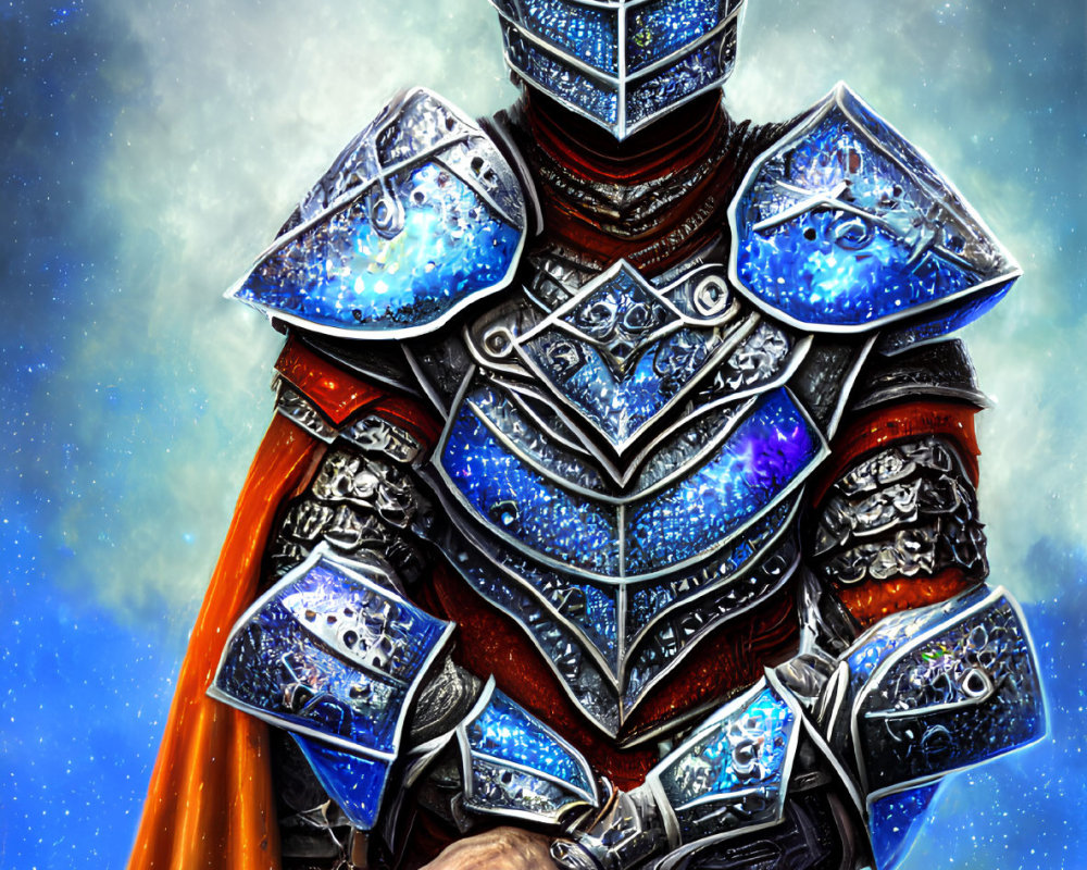 Knight in Blue and Silver Armor with Celestial Motifs and Orange Cape in Cosmic Setting