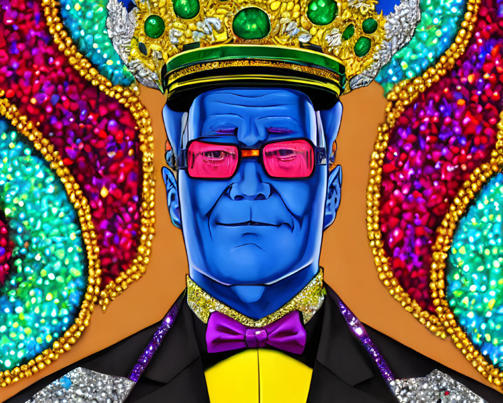 Colorful illustration of blue-faced character in crown and suit against glittery backdrop