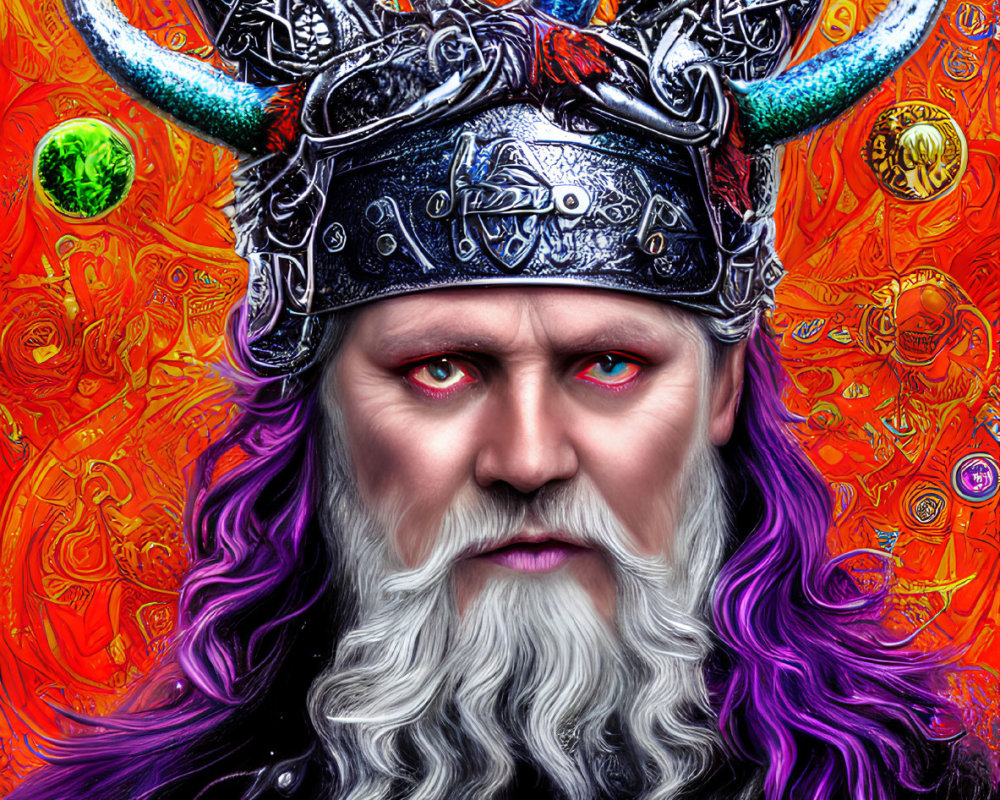 Colorful portrait of a man in horned helmet with intricate designs, against psychedelic backdrop