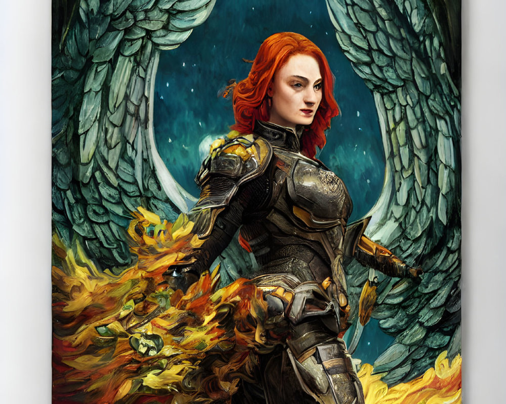 Warrior with Wings in Armor Against Starry Backdrop, Fiery Red Hair