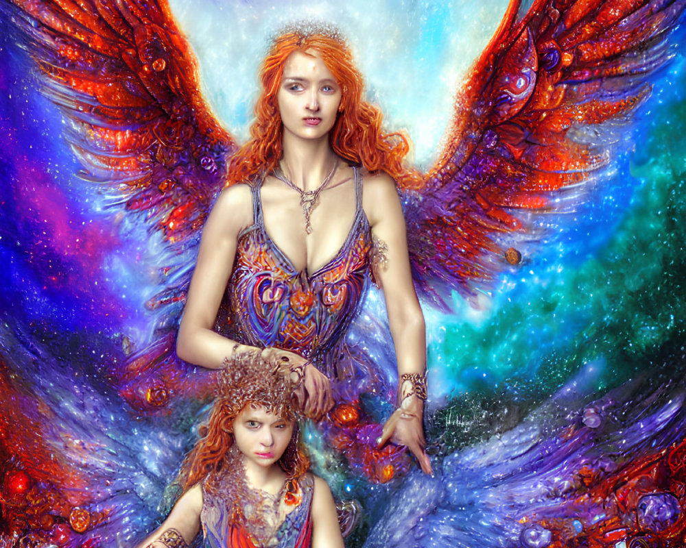 Two women in ornate clothing against cosmic backdrop.