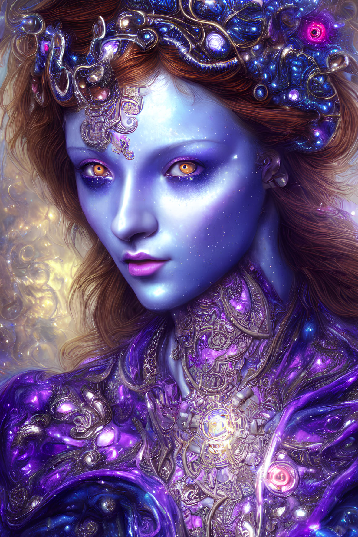 Fantasy illustration of woman with violet skin and golden eyes