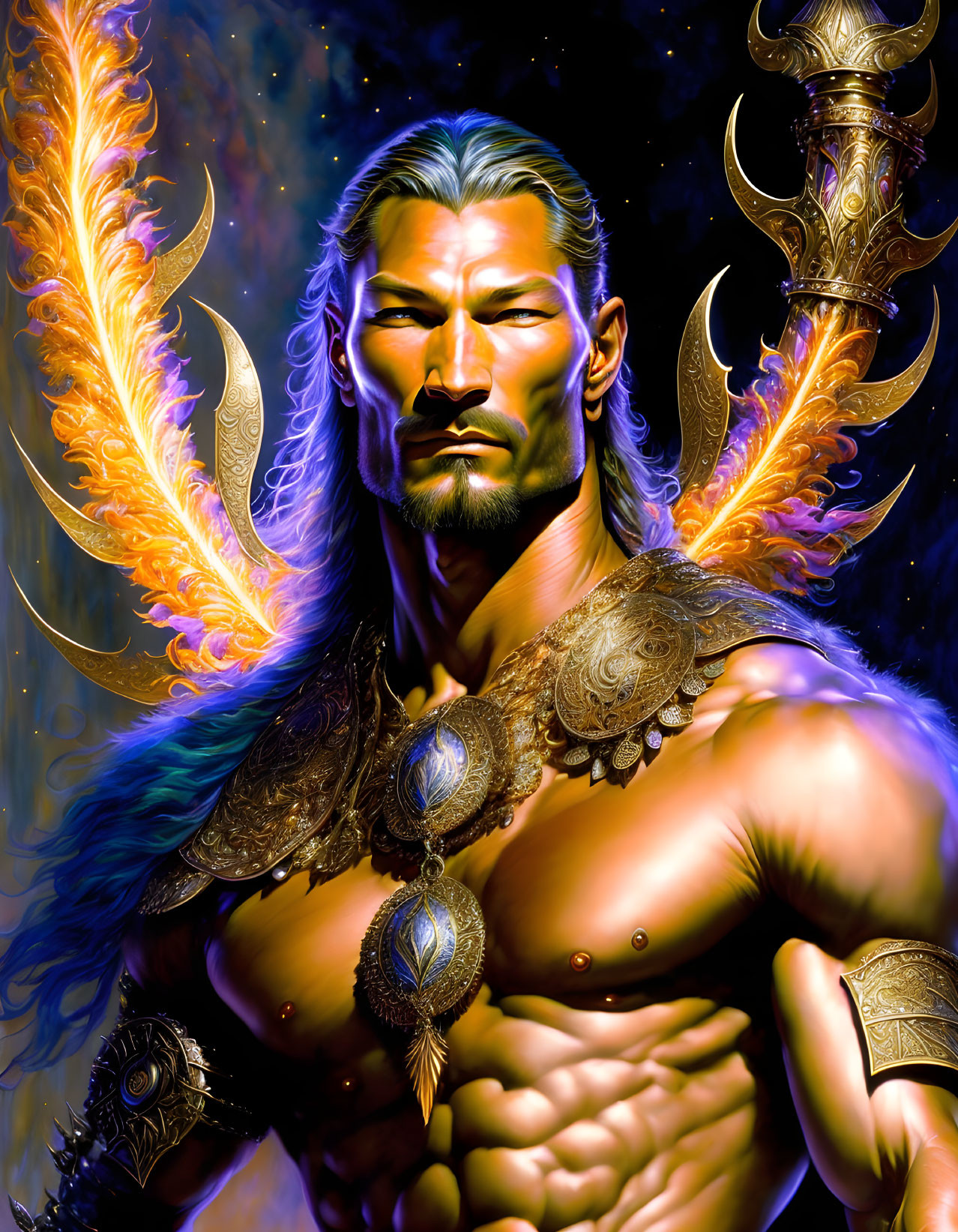 Muscular fantasy character with phoenix wings in intricate armor