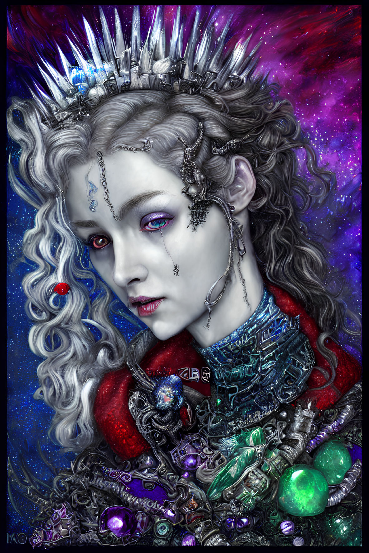 Illustrated female figure with crown and silver jewelry in cosmic setting.