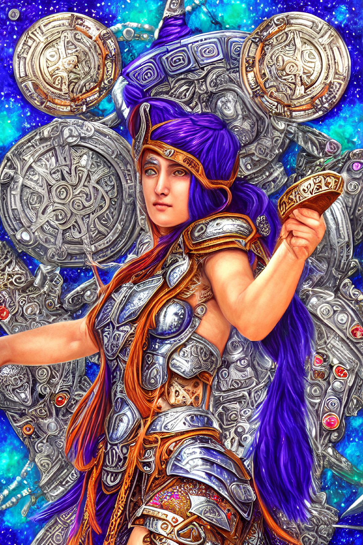 Colorful warrior with purple hair and silver armor holding a sword in ornate setting