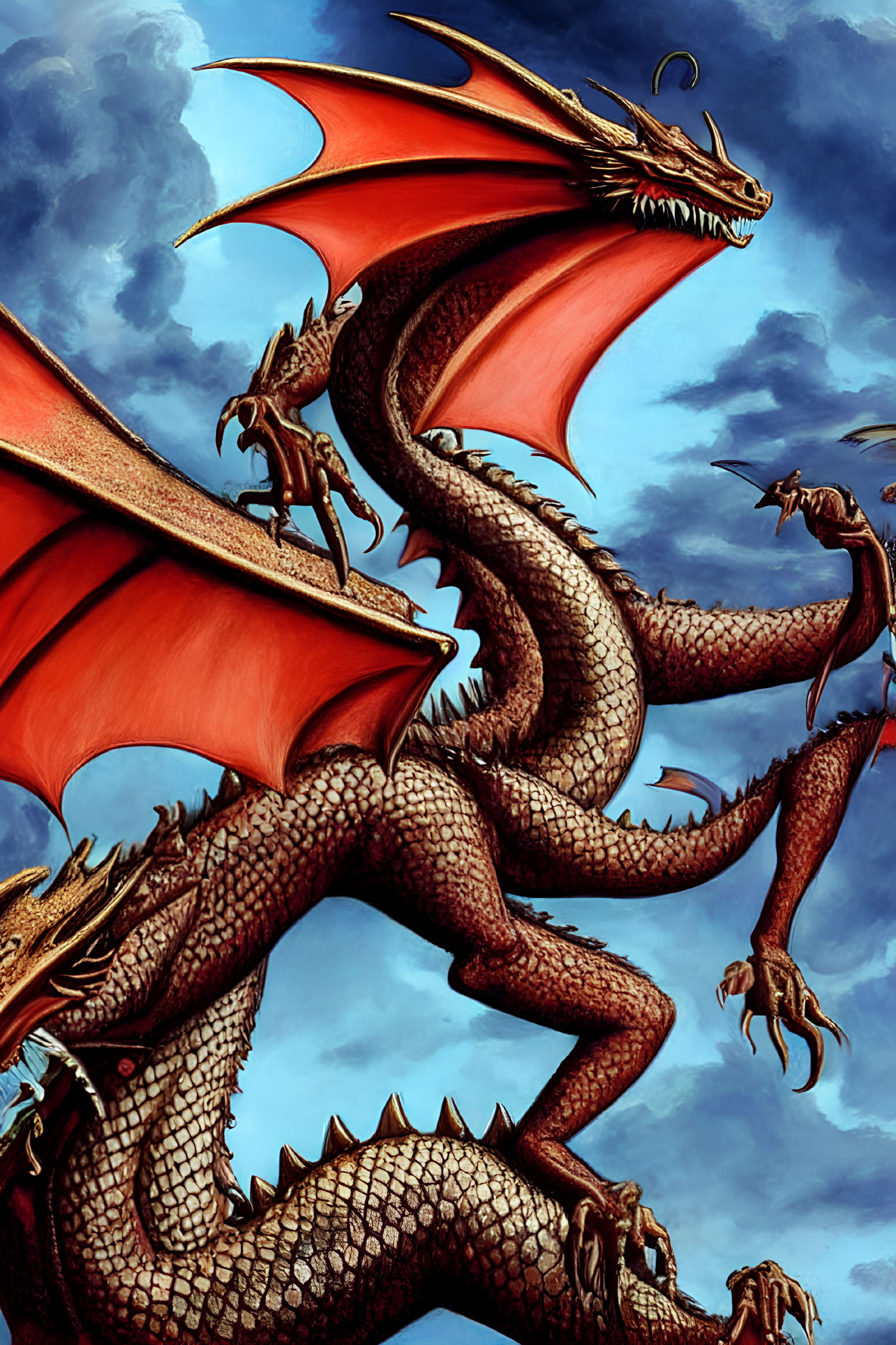 Red-winged dragon soaring amidst stormy blue clouds