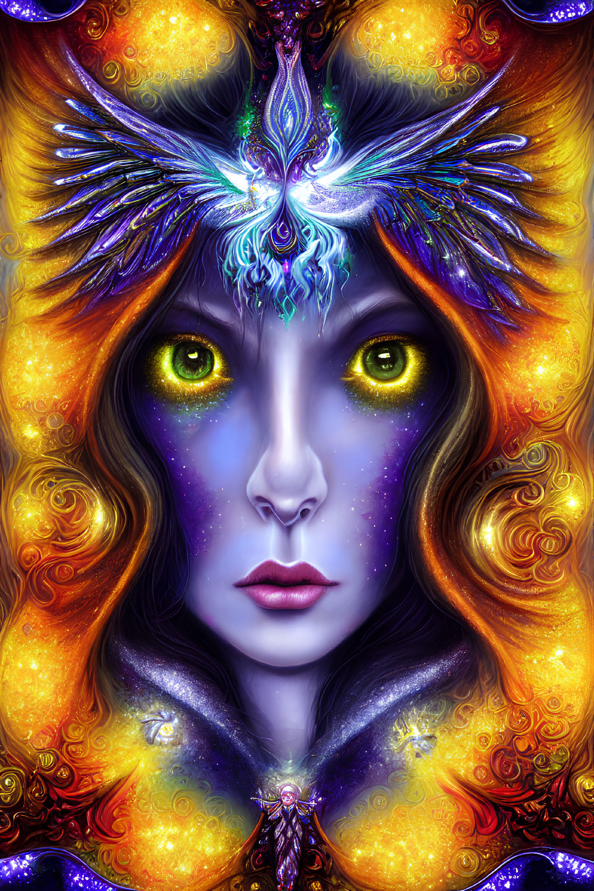 Colorful digital artwork of woman with yellow eyes and ornate headdress surrounded by vibrant patterns