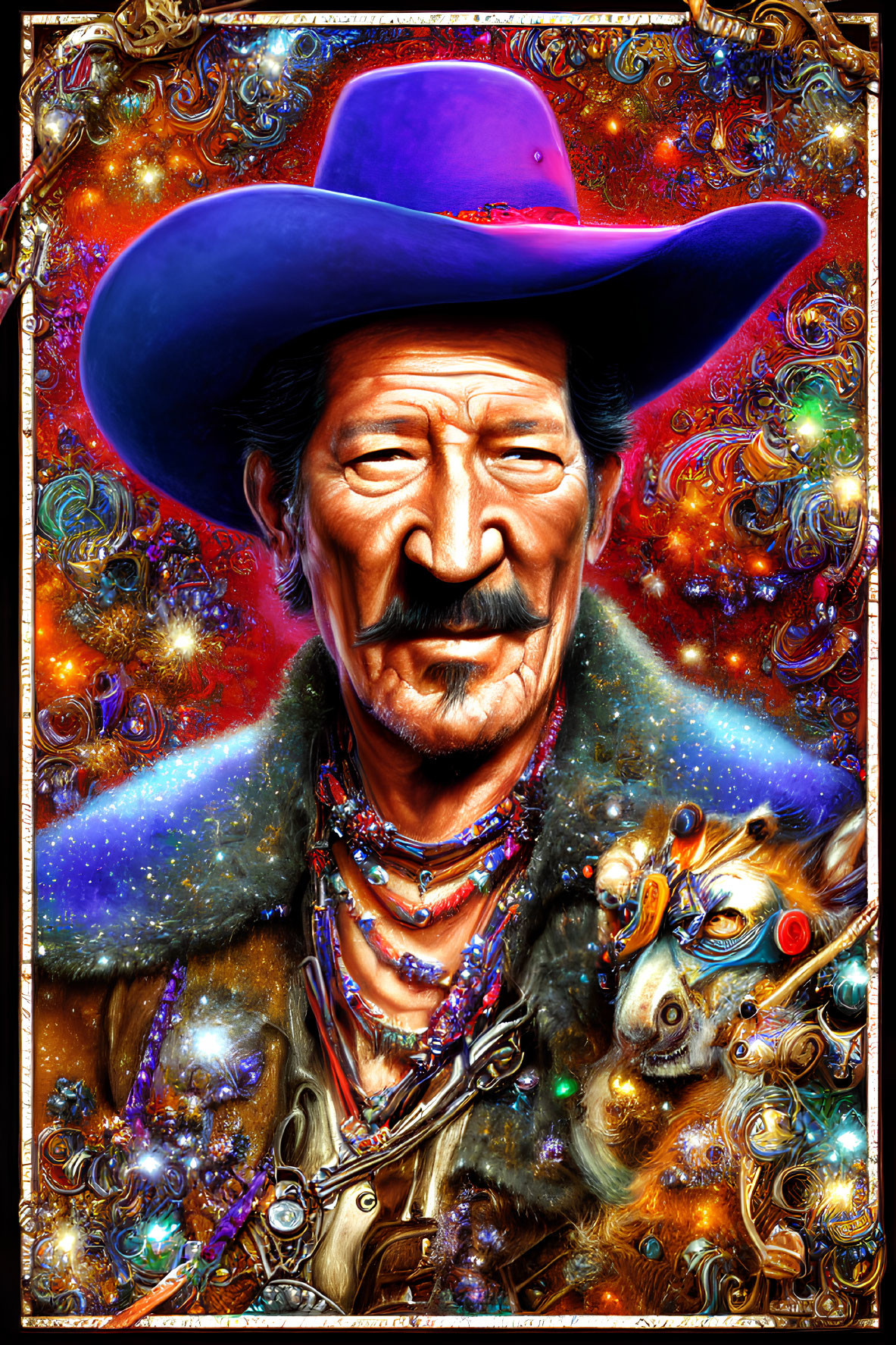 Colorful portrait of a man in purple hat and coat with cosmic background