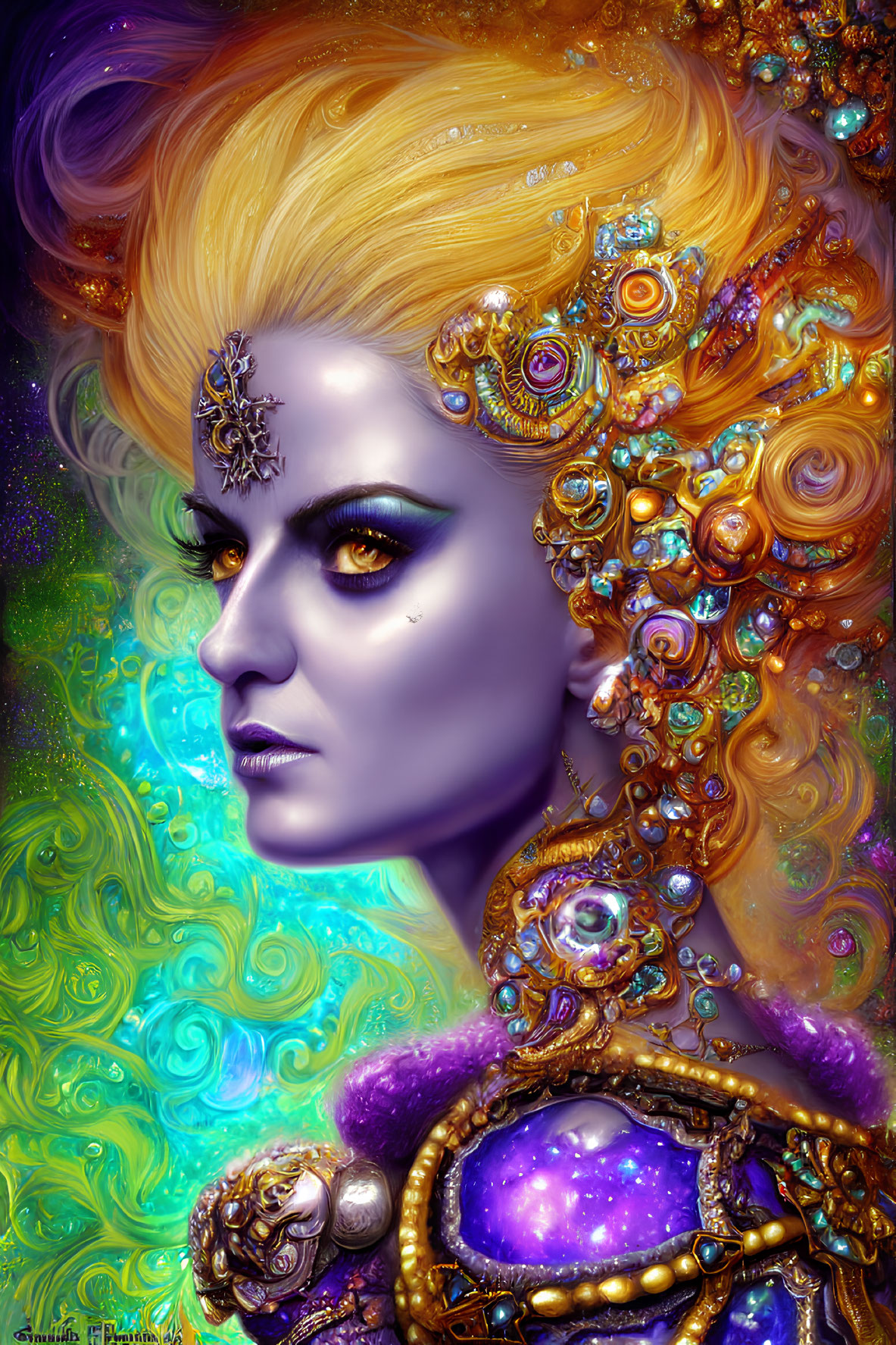 Vibrant yellow-haired woman with golden ornaments on purple skin in colorful swirl background