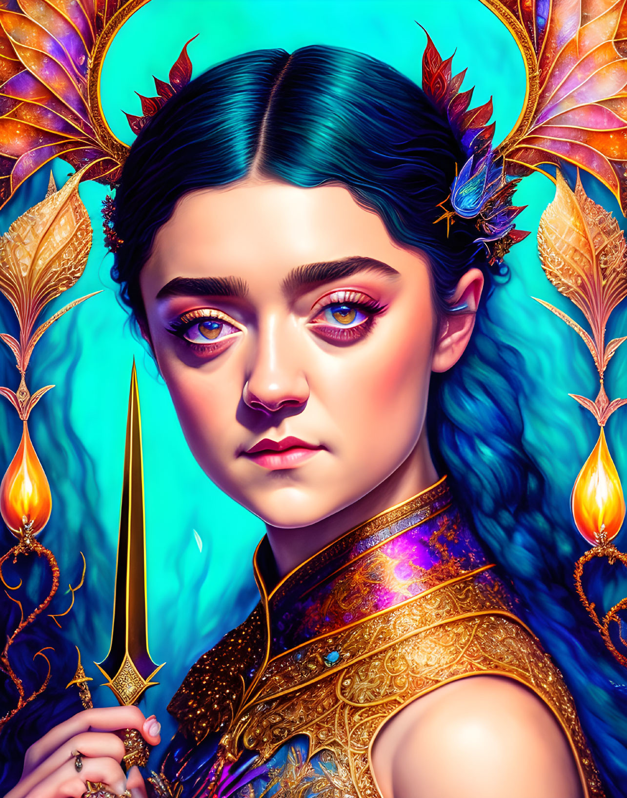 Fantasy digital artwork: Woman in crown, armor, dagger on turquoise background.