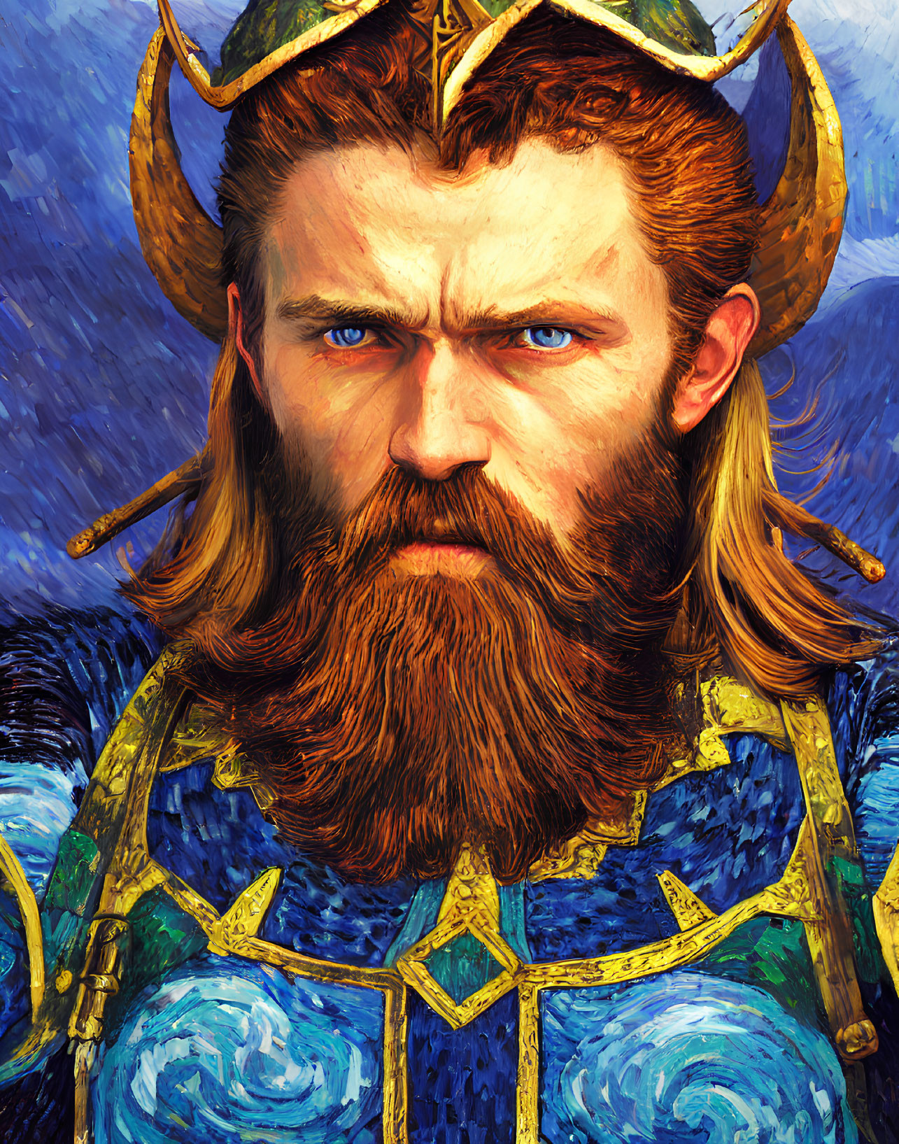 Bearded man in Viking helmet and ornate blue-gold armor