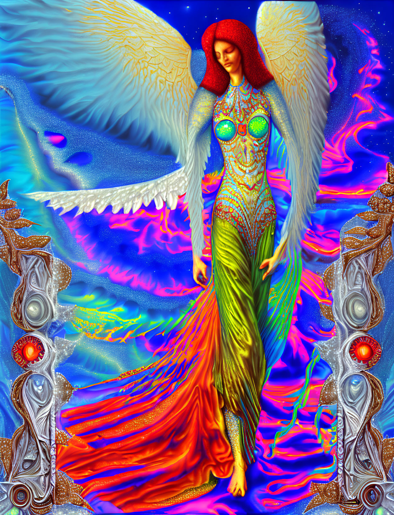 Colorful digital artwork of ethereal figure with wings and red hair on cosmic background