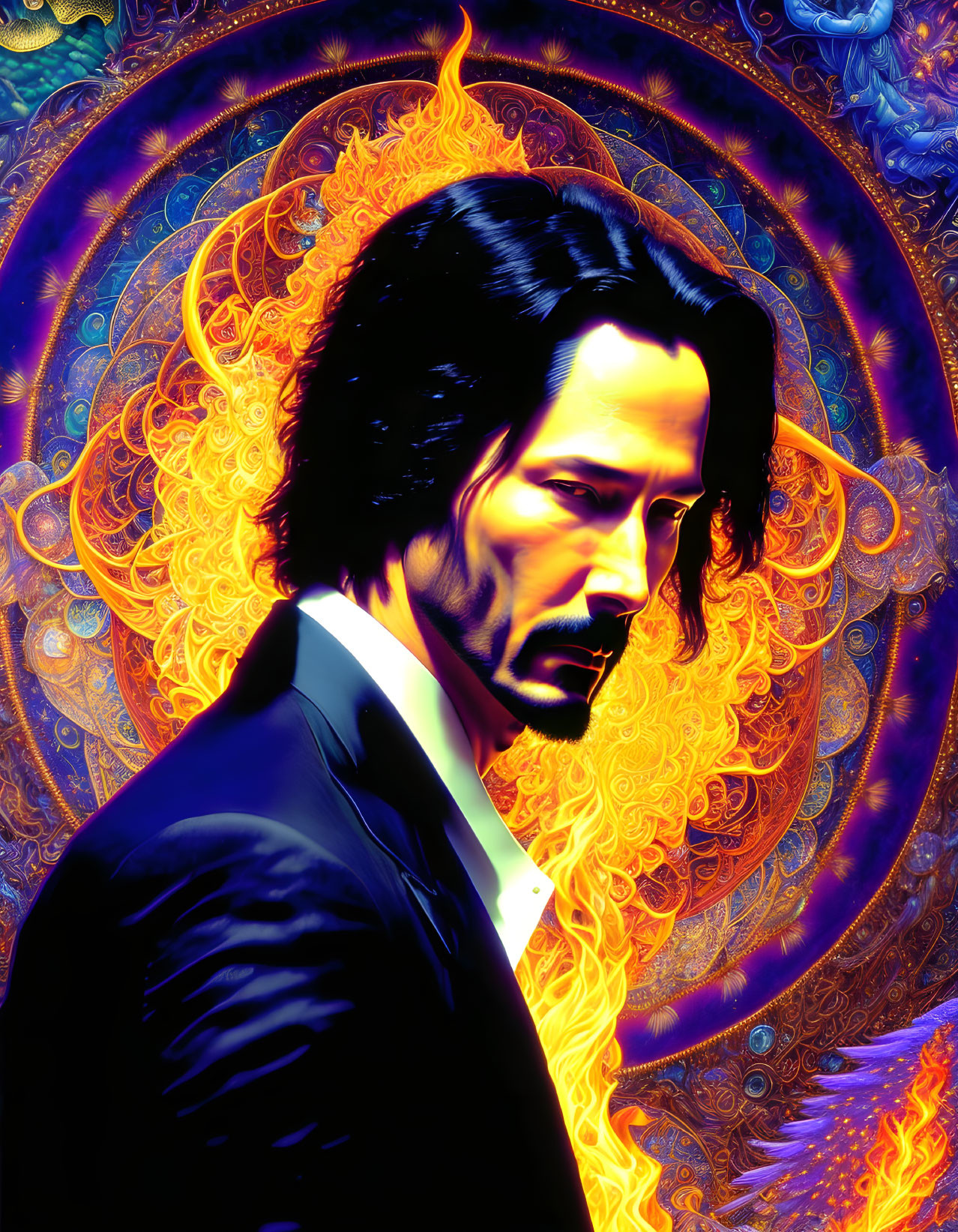 Colorful portrait of man in suit with long hair and beard on cosmic fiery backdrop