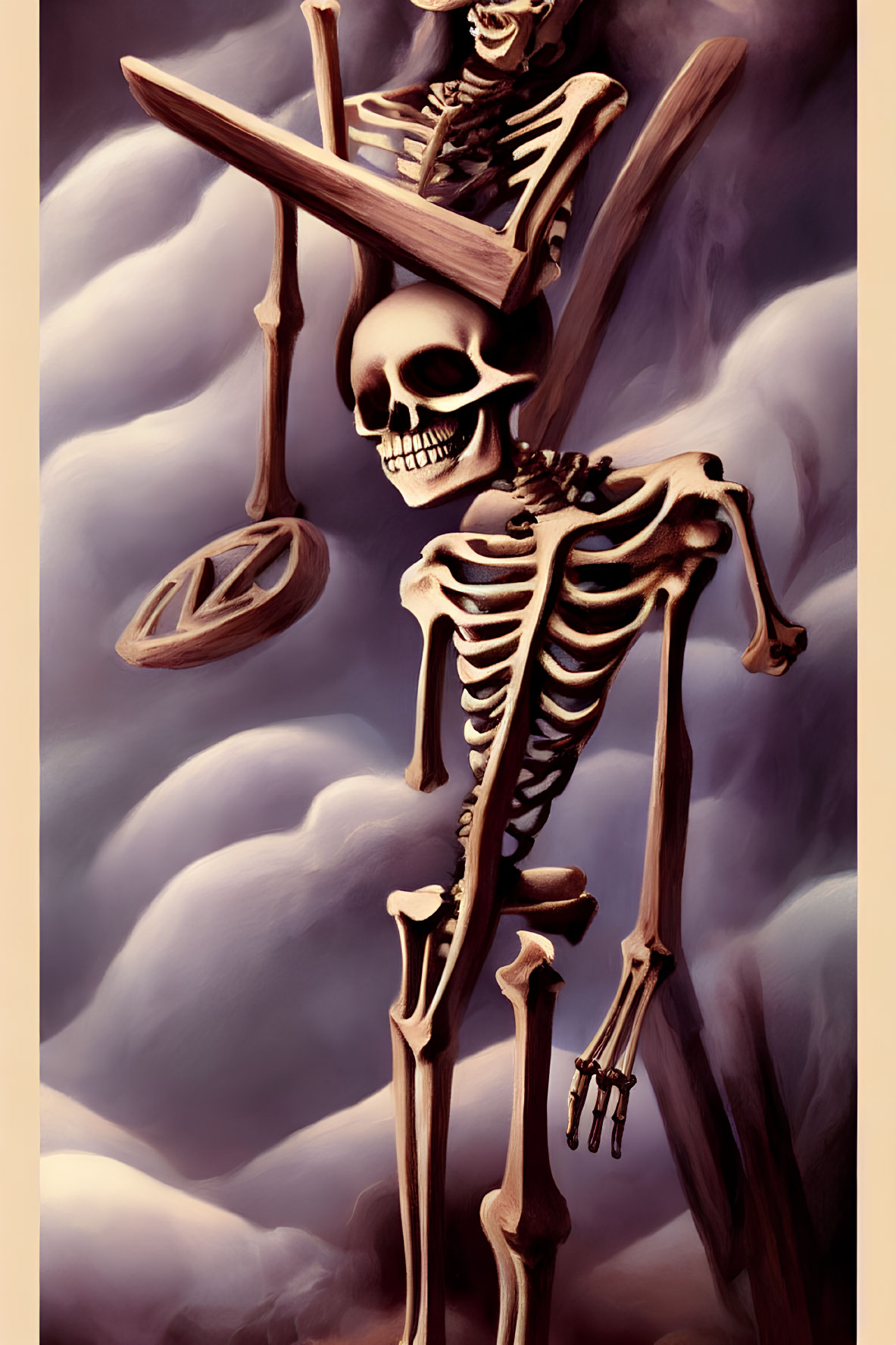 Stylized skeleton with sword and shield on clouds in dramatic lighting