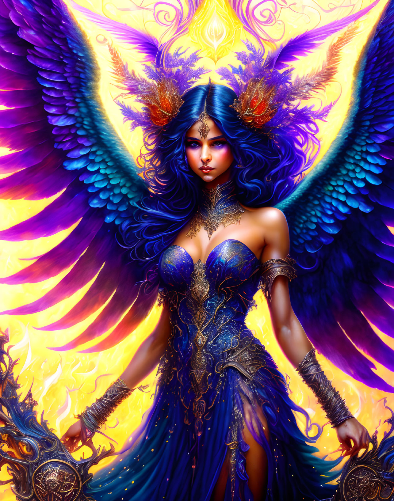 Fantastical female figure in blue and gold attire with feathered wings and mystical headdress against fiery