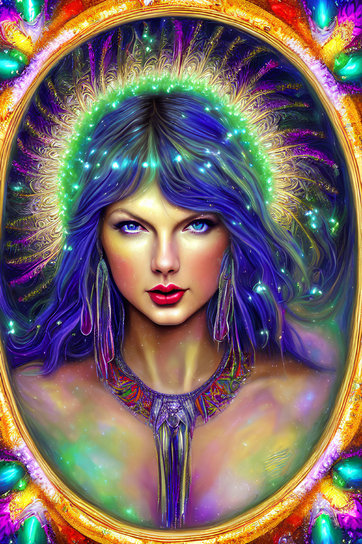 Colorful digital artwork: Woman with blue hair in golden frame with peacock feathers
