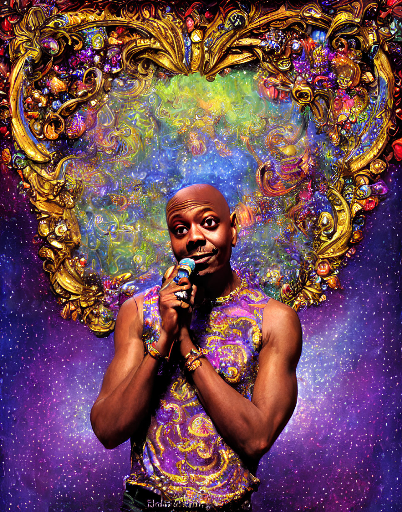 Shaven-headed person in front of cosmic background with golden heart frame and microphone