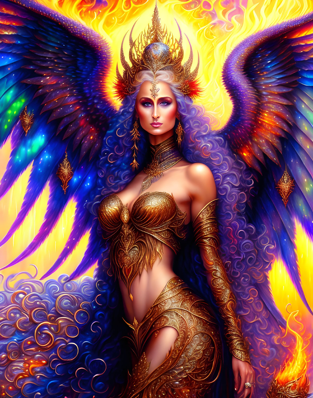 Colorful winged fantasy figure in ornate golden armor on vibrant backdrop