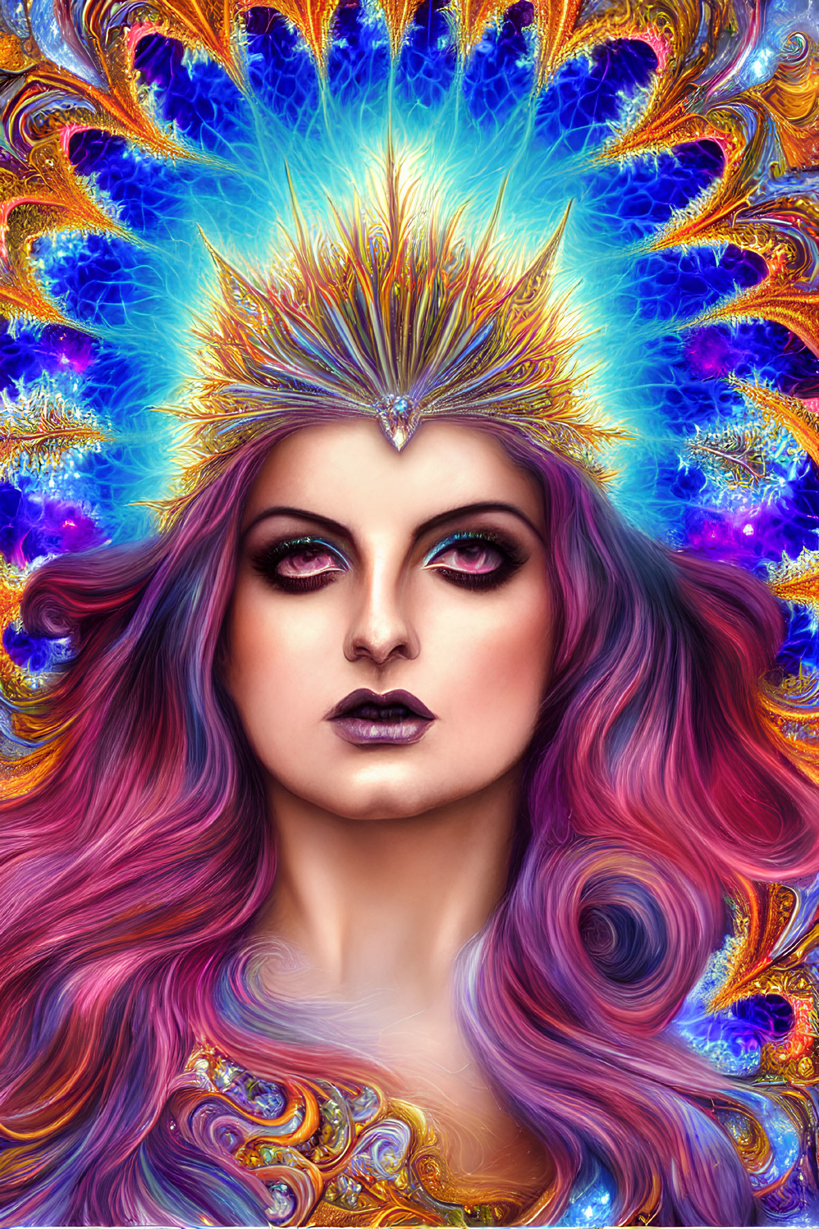 Colorful fantasy illustration of a woman with ornate crown and purple hair