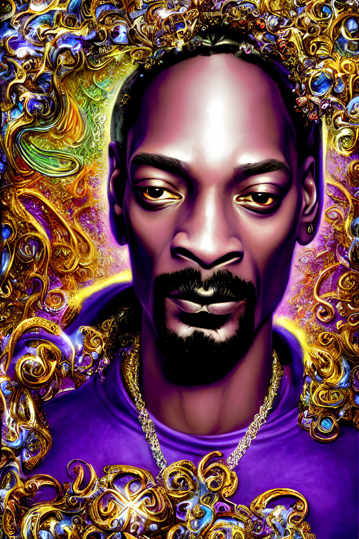 Colorful digital portrait of a man with goatee in purple shirt, set against psychedelic patterned background