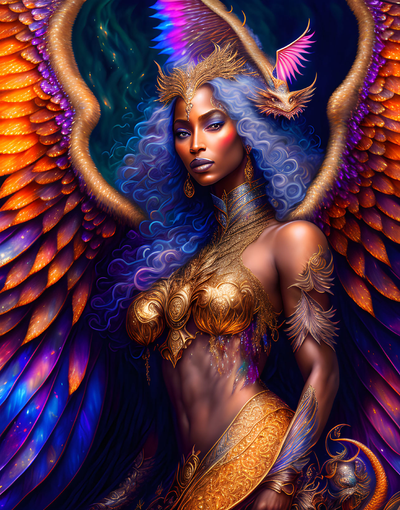 Fantasy illustration of woman with feathered crown and wings in gold armor