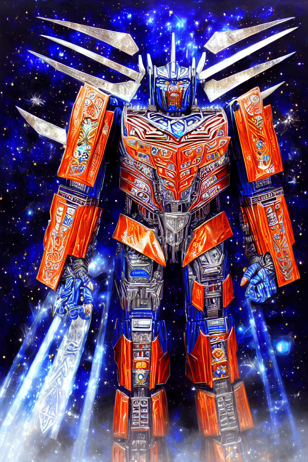 Colorful robotic figure in blue and orange armor on cosmic starry background