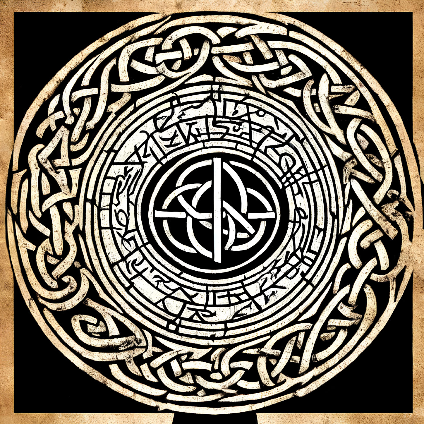 Intricate Celtic knot design with runes on parchment background