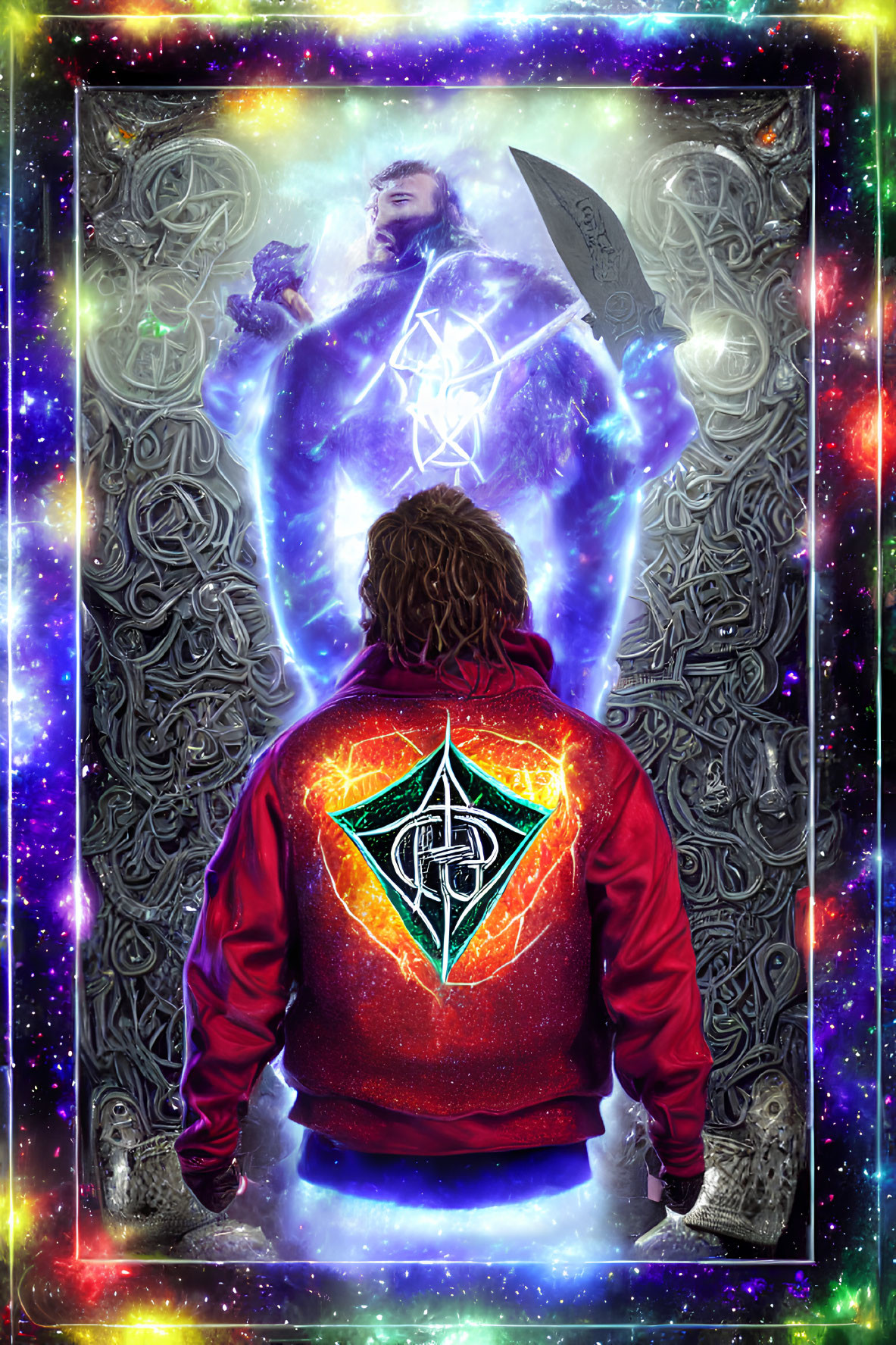 Red Jacket with Green Symbol Gazing at Cosmic Figure Holding Sword