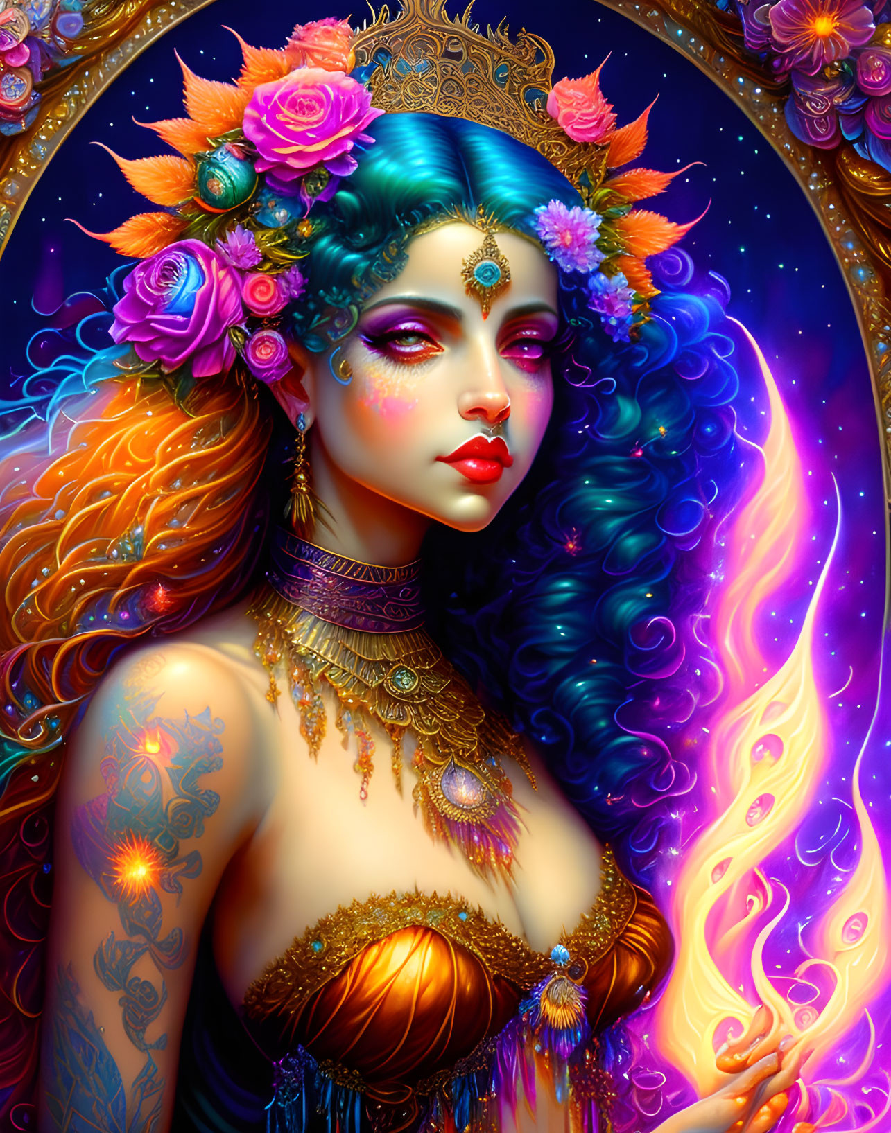Colorful Hair and Golden Jewelry on Mystical Woman in Cosmic Setting